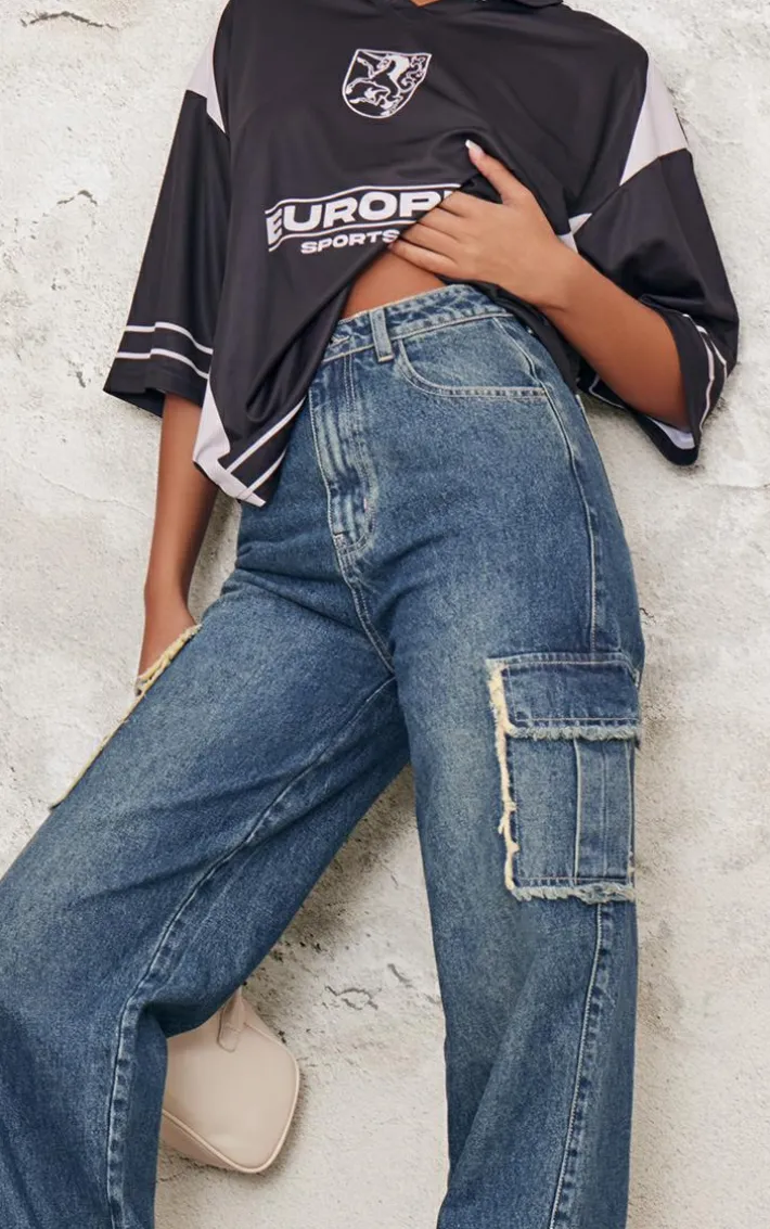 Tall Mid Blue Wash Frayed Seam Cargo Pocket High Waist Boyfriend Jeans