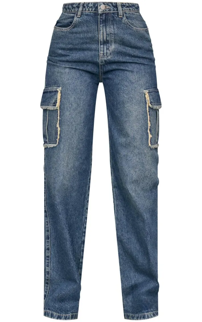Tall Mid Blue Wash Frayed Seam Cargo Pocket High Waist Boyfriend Jeans