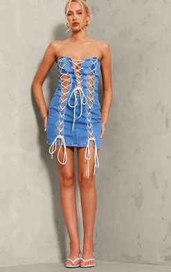 Tall Lace Up Detail Denim Mini Dress-PrettyLittleThing Hot