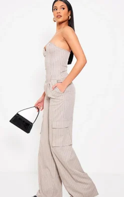 Tall Mocha Pinstripe Bandeau Wide Leg Jumpsuit