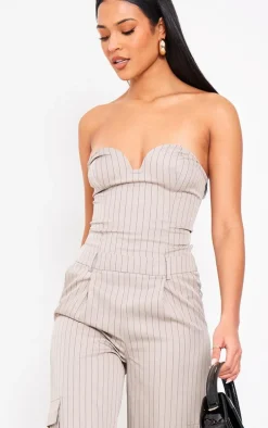 Tall Mocha Pinstripe Bandeau Wide Leg Jumpsuit
