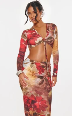 PrettyLittleThing Tall Floral Print Soft Touch Tie Front Top Multi