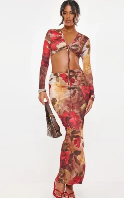 PrettyLittleThing Tall Floral Print Soft Touch Tie Front Top Multi