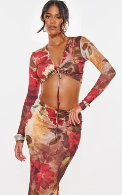 PrettyLittleThing Tall Floral Print Soft Touch Tie Front Top Multi