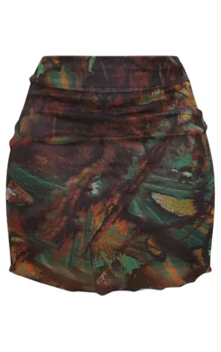 Discount PrettyLittleThing Tall Printed Lettuce Hem Mesh Bodycon Skirt Multi