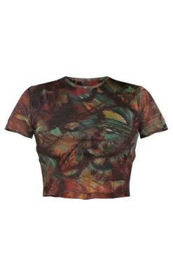Outlet PrettyLittleThing Tall Printed Lettuce Hem Mesh Top Multi