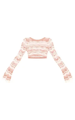 PrettyLittleThing Tall Multi Open Knit Long Sleeve Crop Top Stone