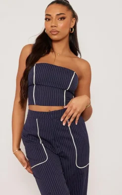 Online PrettyLittleThing Tall Pinstripe Bandeau Zip Up Top Navy