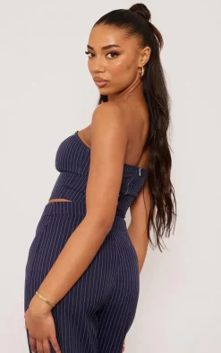 Online PrettyLittleThing Tall Pinstripe Bandeau Zip Up Top Navy