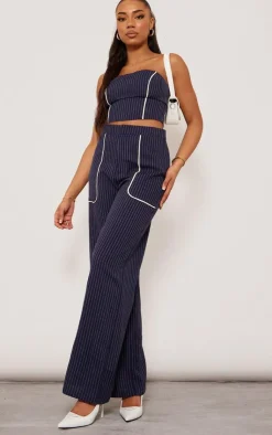 Online PrettyLittleThing Tall Pinstripe Bandeau Zip Up Top Navy