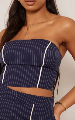 Online PrettyLittleThing Tall Pinstripe Bandeau Zip Up Top Navy