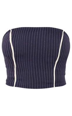Online PrettyLittleThing Tall Pinstripe Bandeau Zip Up Top Navy