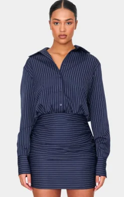 Tall Pinstripe Shirt Ruched Mini Dress-PrettyLittleThing Discount