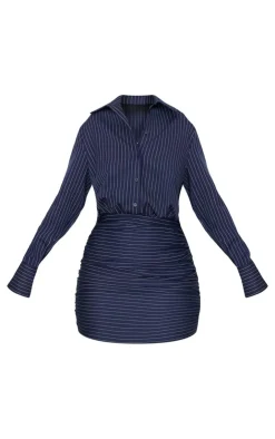 Tall Pinstripe Shirt Ruched Mini Dress-PrettyLittleThing Discount