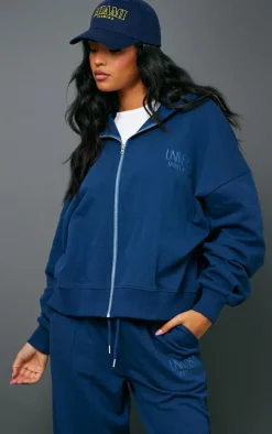 PrettyLittleThing Blue Sweatsuits*Tall Premium Tonal Print Zip Up Boxy Hoodie
