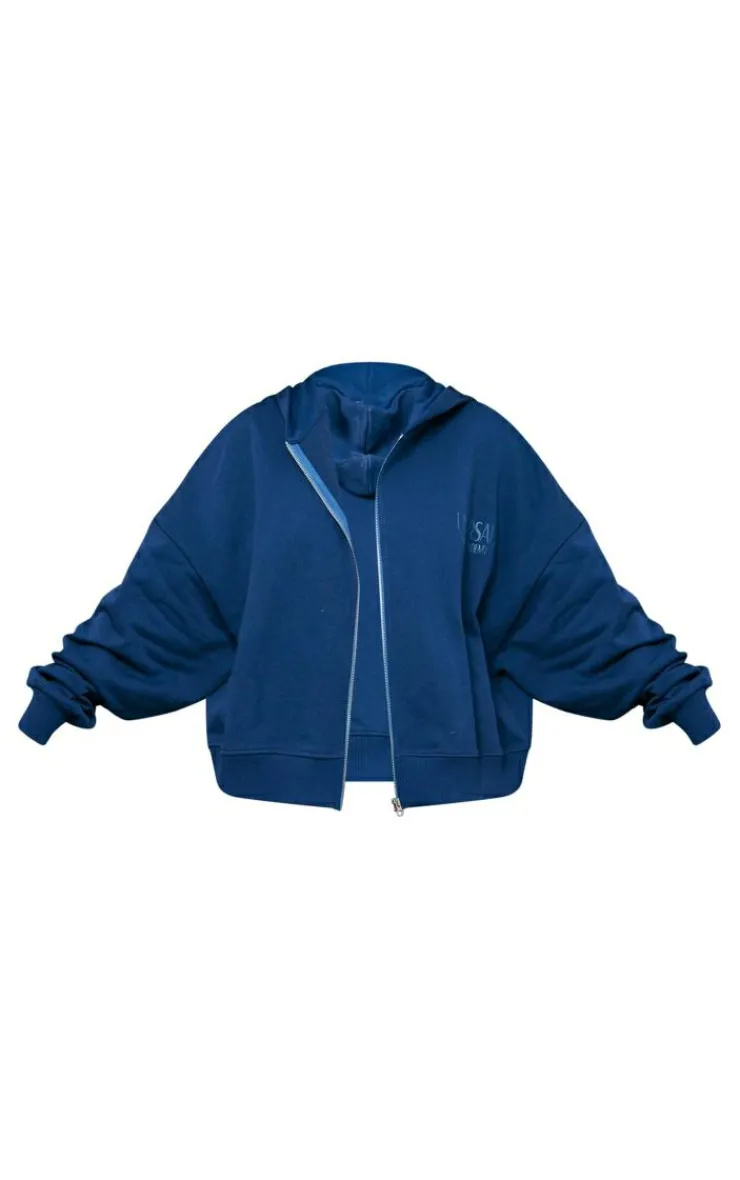 PrettyLittleThing Blue Sweatsuits*Tall Premium Tonal Print Zip Up Boxy Hoodie