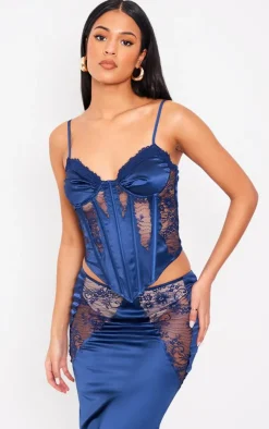 Best PrettyLittleThing Tall Satin Lace Trim Detail Corset Top Navy