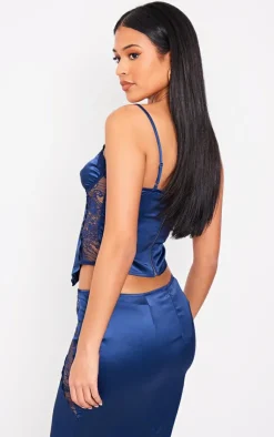 Best PrettyLittleThing Tall Satin Lace Trim Detail Corset Top Navy