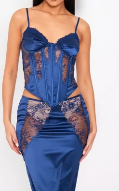 Best PrettyLittleThing Tall Satin Lace Trim Detail Corset Top Navy