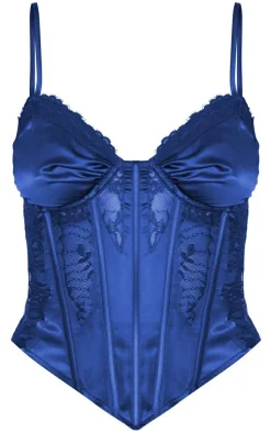 Best PrettyLittleThing Tall Satin Lace Trim Detail Corset Top Navy