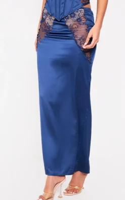 PrettyLittleThing Tall Satin Sheer Lace Panel Detail Midaxi Skirt Navy