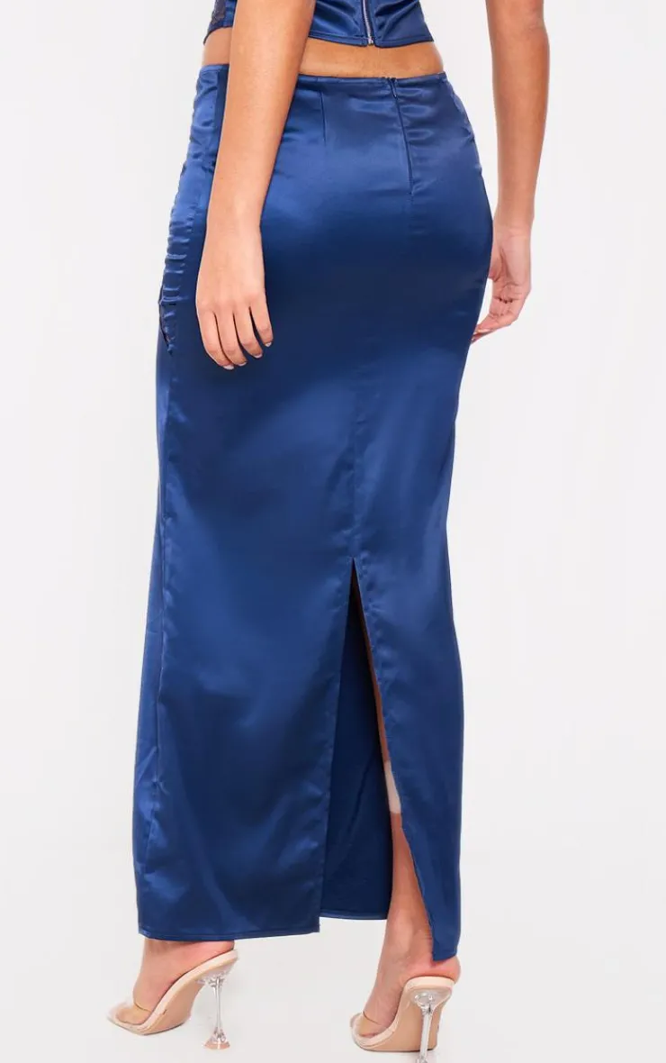 PrettyLittleThing Tall Satin Sheer Lace Panel Detail Midaxi Skirt Navy