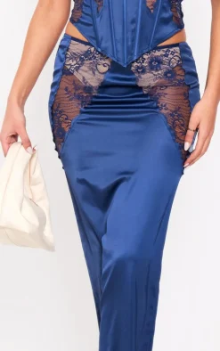 PrettyLittleThing Tall Satin Sheer Lace Panel Detail Midaxi Skirt Navy