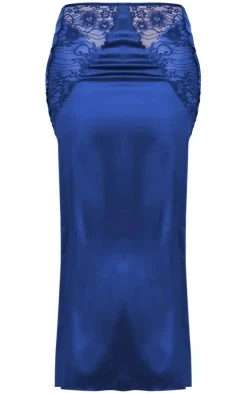 PrettyLittleThing Tall Satin Sheer Lace Panel Detail Midaxi Skirt Navy