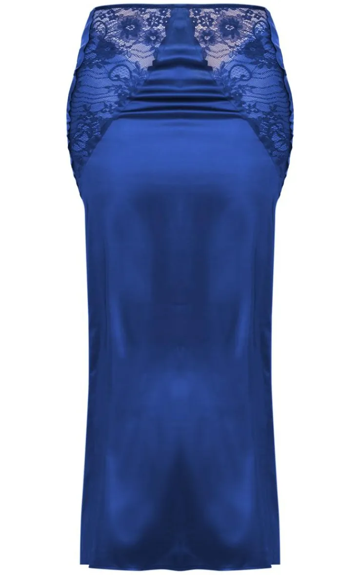 PrettyLittleThing Tall Satin Sheer Lace Panel Detail Midaxi Skirt Navy