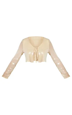 New PrettyLittleThing Tall Sequin Tie Front Crop Top Nude Pink