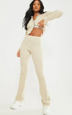 New PrettyLittleThing Tall Knitted Distressed Straight Leg Flares Oatmeal