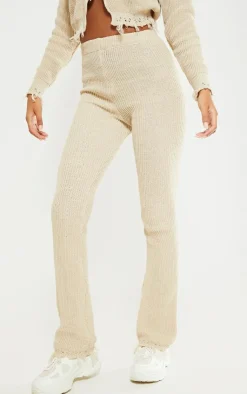 New PrettyLittleThing Tall Knitted Distressed Straight Leg Flares Oatmeal