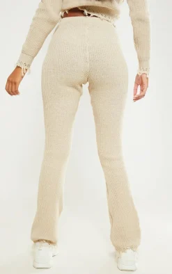 New PrettyLittleThing Tall Knitted Distressed Straight Leg Flares Oatmeal