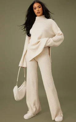 Best PrettyLittleThing Tall Luxe Rib Knit Wide Leg Pants Oatmeal