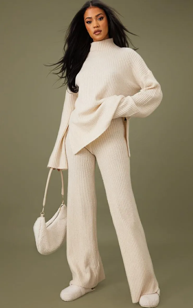 Best PrettyLittleThing Tall Luxe Rib Knit Wide Leg Pants Oatmeal