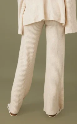 Best PrettyLittleThing Tall Luxe Rib Knit Wide Leg Pants Oatmeal