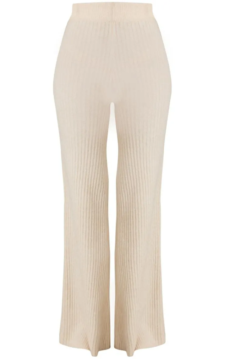 Best PrettyLittleThing Tall Luxe Rib Knit Wide Leg Pants Oatmeal