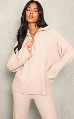 Discount PrettyLittleThing Tall Rib Knit Quarter Zip Long Sleeve Sweater Oatmeal