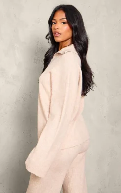 Discount PrettyLittleThing Tall Rib Knit Quarter Zip Long Sleeve Sweater Oatmeal