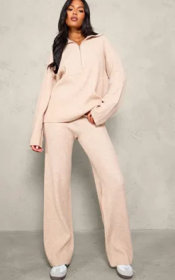 Discount PrettyLittleThing Tall Rib Knit Quarter Zip Long Sleeve Sweater Oatmeal