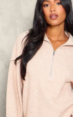 Discount PrettyLittleThing Tall Rib Knit Quarter Zip Long Sleeve Sweater Oatmeal