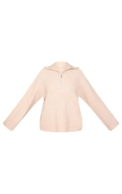 Discount PrettyLittleThing Tall Rib Knit Quarter Zip Long Sleeve Sweater Oatmeal