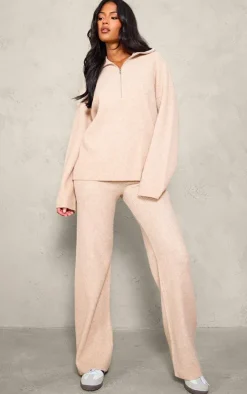 Online PrettyLittleThing Tall Rib Knit Wide Leg Pants Oatmeal