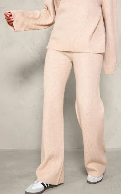 Online PrettyLittleThing Tall Rib Knit Wide Leg Pants Oatmeal