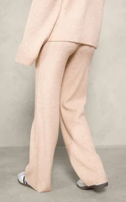 Online PrettyLittleThing Tall Rib Knit Wide Leg Pants Oatmeal