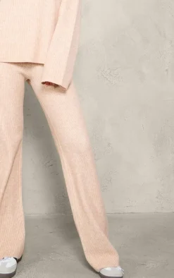 Online PrettyLittleThing Tall Rib Knit Wide Leg Pants Oatmeal