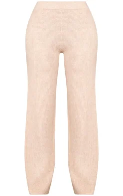 Online PrettyLittleThing Tall Rib Knit Wide Leg Pants Oatmeal