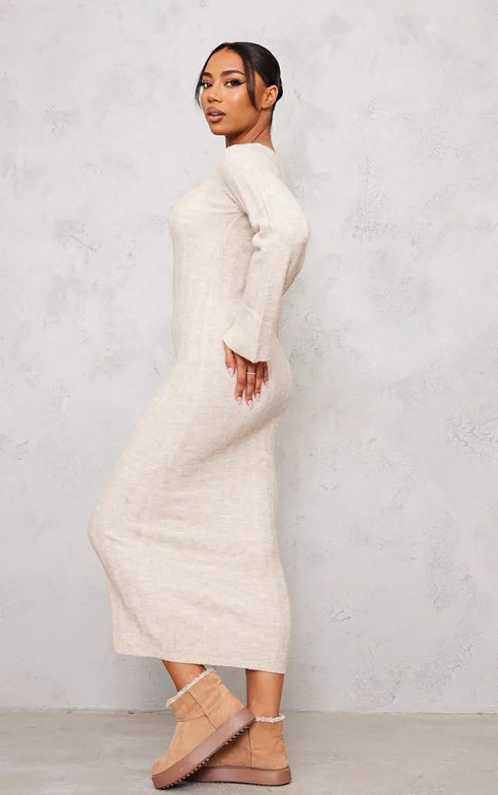 Tall Oatmeal Rib Knitted V Neck Midaxi Dress