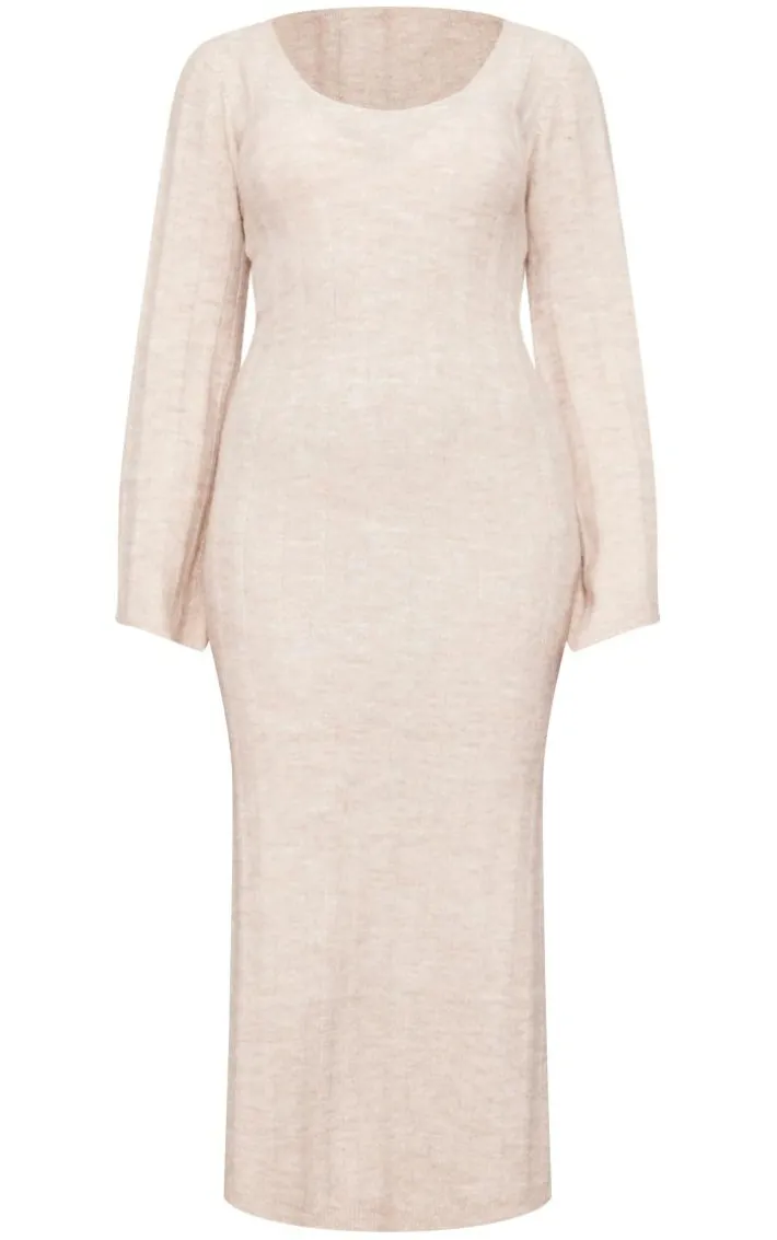 Tall Oatmeal Rib Knitted V Neck Midaxi Dress