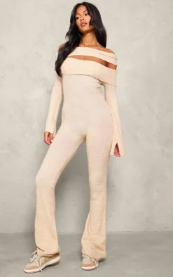 PrettyLittleThing Christmas Shop*Tall Soft Knit Bardot Foldover Asymmetric Neck Jumpsuit